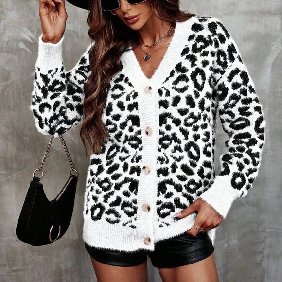 White Casual Women's Leopard Print Long Sleeve Single-Breasted Knit Cardigan - Picture 4 of 6